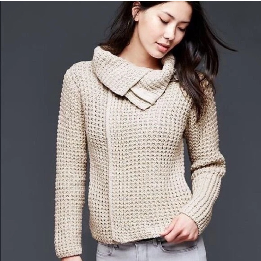 GAP Cream 100% Cotton Chunky Knit Moto Sweater Jacket Cardigan with Pockets